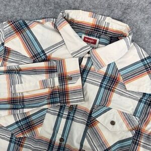 Wrangler Western Style Shirt Mens L Plaid Long Sleeve Button Down Cream Blue